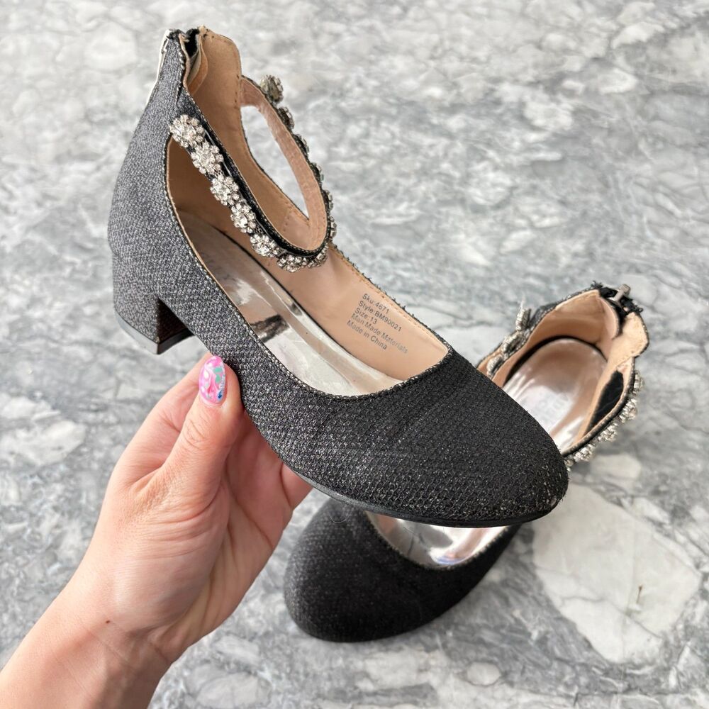 Badgley Mischka Ankle Strap Embellished Girls' Glitter Pump Shoes Black Size 13